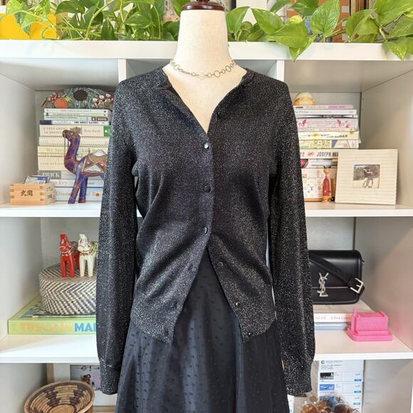 Ann Taylor NWT Metallic Shimmer Holiday Festive Button Cardigan - Black Wms M - Picture 11 of 12
